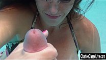 Sexy MILF Charlee Chase is going deep underwater when she sucks air and starts stroking a hard cock until she milks it in pure H20!